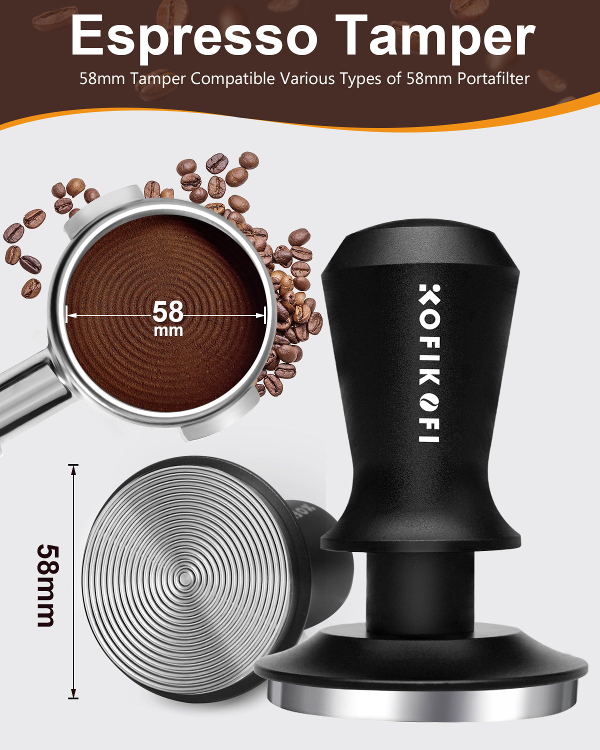 Espresso Tamper, 30lbs Spring Loaded, Aluminum Handle, Ripple Base 51/53/58MM