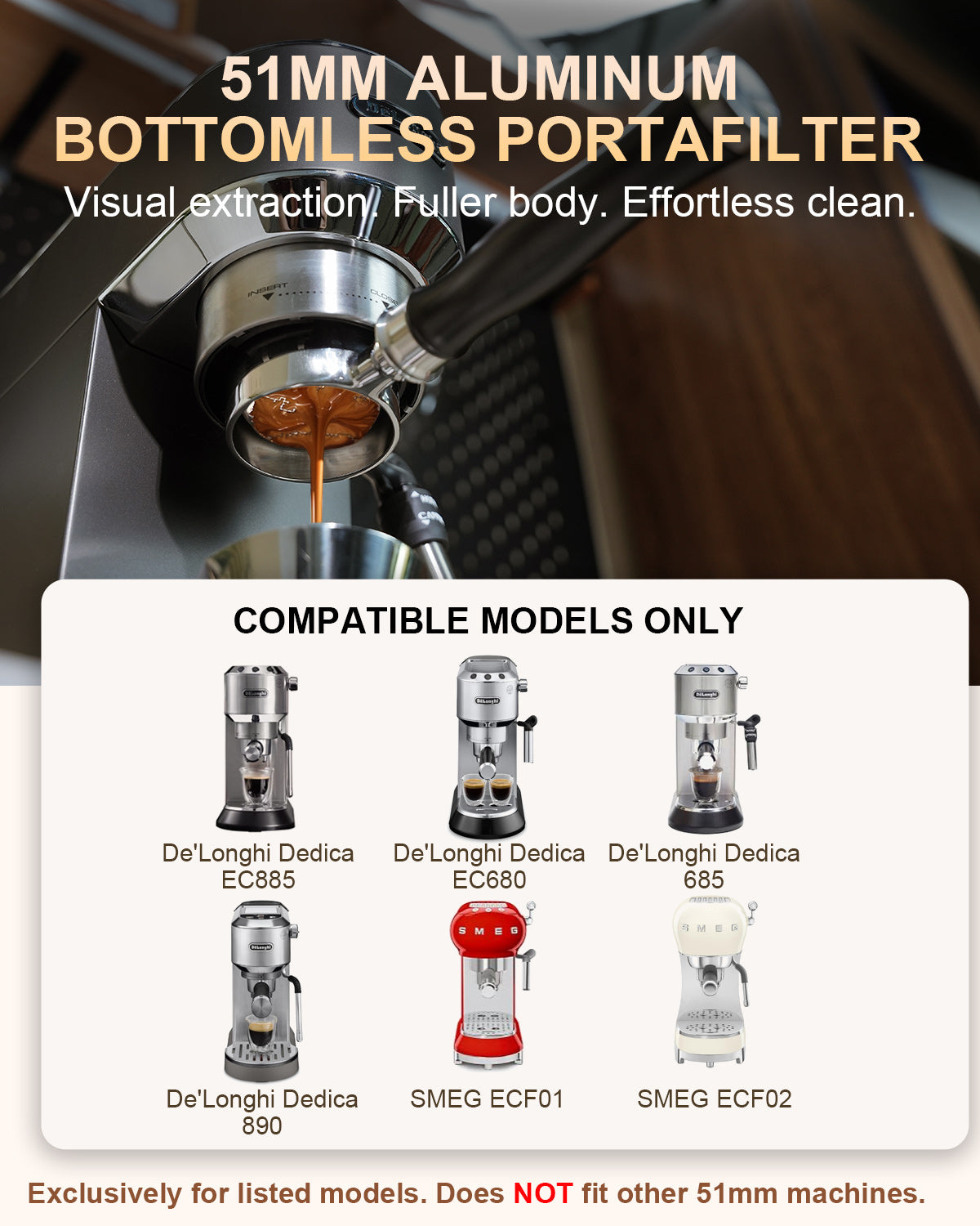 Upgraded 51mm Bottomless Portafilter 3 Ears 304 Stainless Steel Aluminum- for Delonghi Dedica