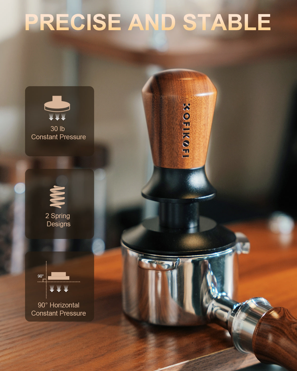 Espresso Tamper, 30lbs Spring Loaded, Rosewood Handle, Ripple Base 51/53/58MM