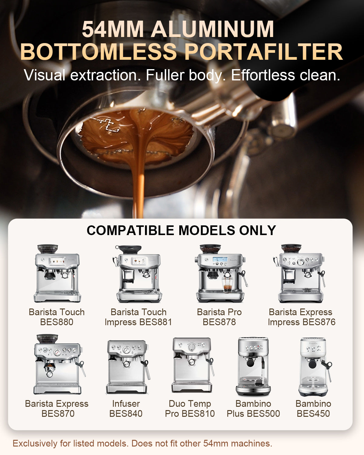 Special Offer-54mm Bottomless Portafilter 3 Ears 304 Head- Aluminum Alloy Handle- for Breville
