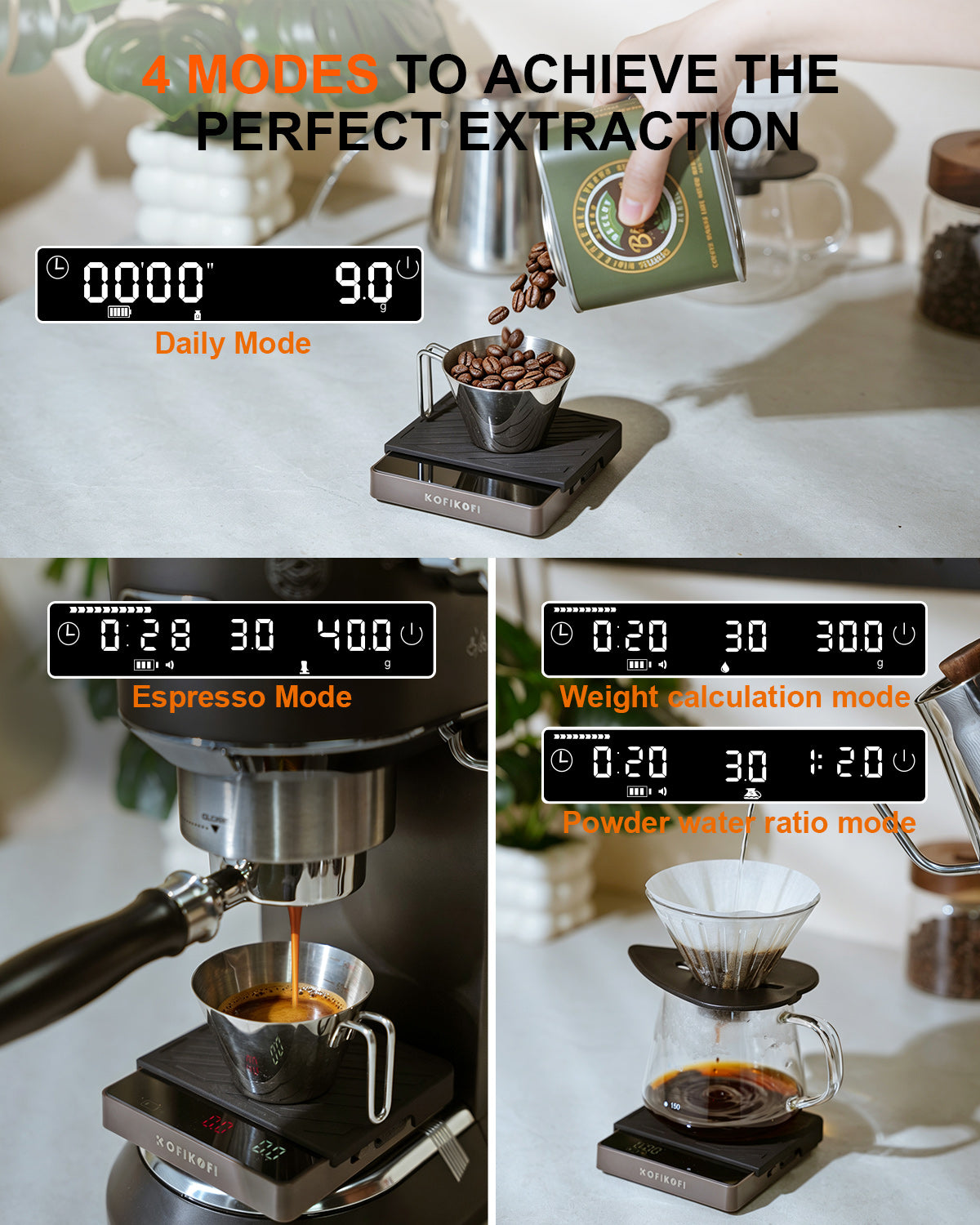 KOFIKOFI Coffee Scale with Timer, 0.1g Precision, 4 Modes, USB-C, 2000g