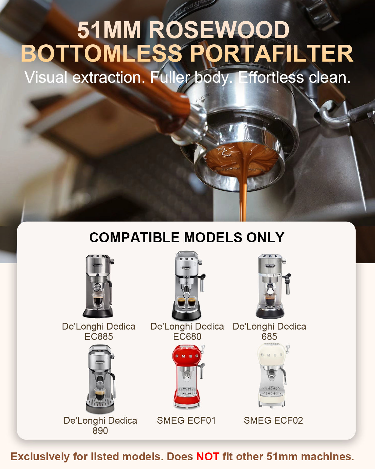 Upgraded 51mm Bottomless Portafilter 3 Ears Rosewood- for Delonghi Dedica