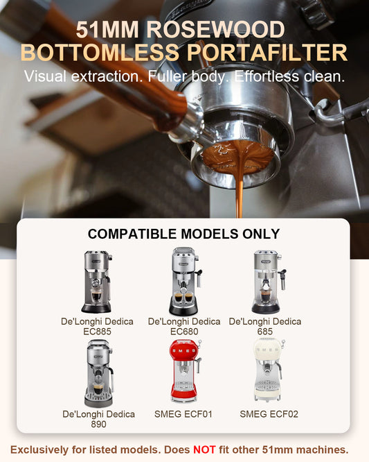 KOFIKOFI Upgraded 51mm Bottomless Portafilter 3 Ears Rosewood- for Delonghi Dedica