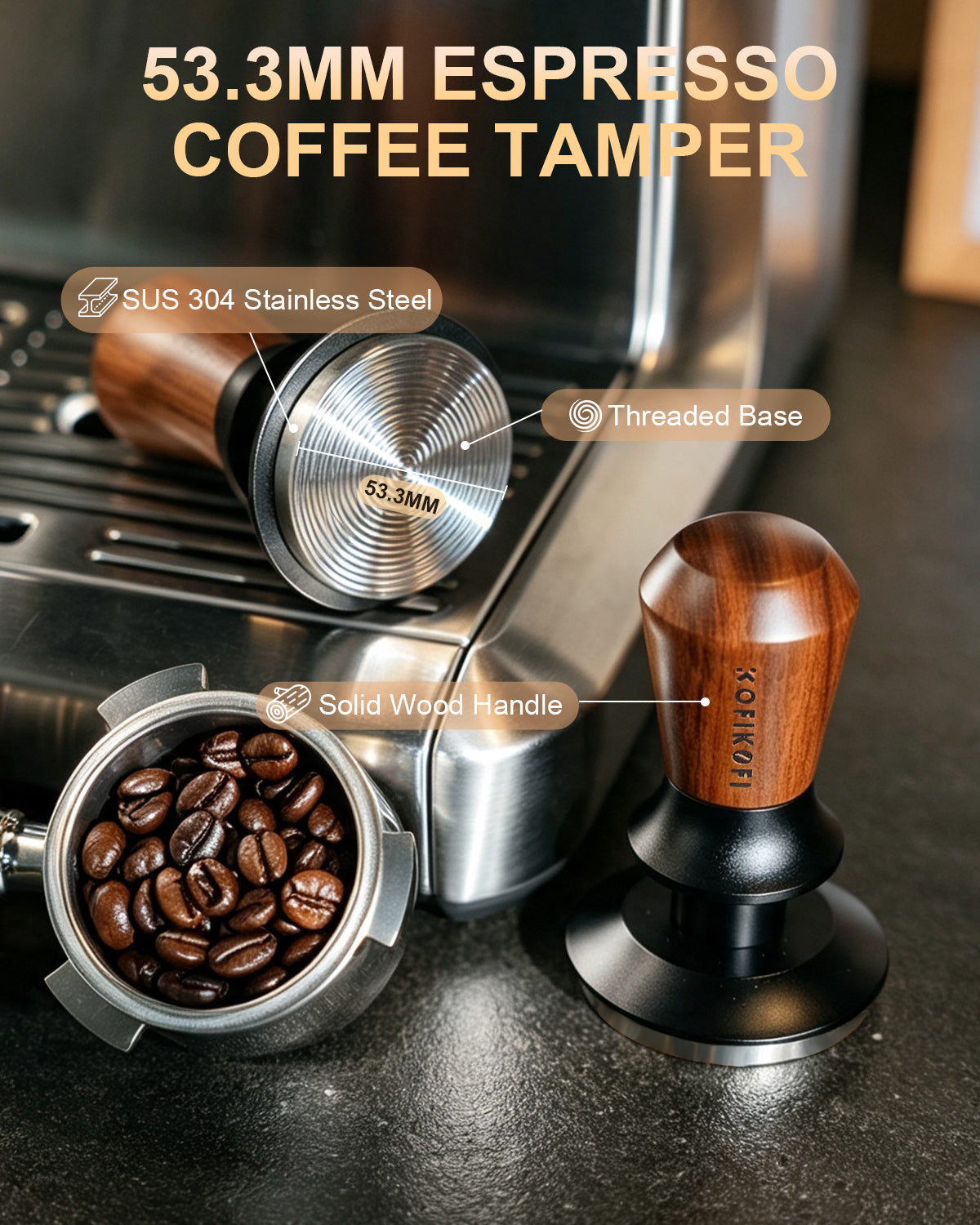 Espresso Tamper, 30lbs Spring Loaded, Rosewood Handle, Ripple Base 51/53/58MM