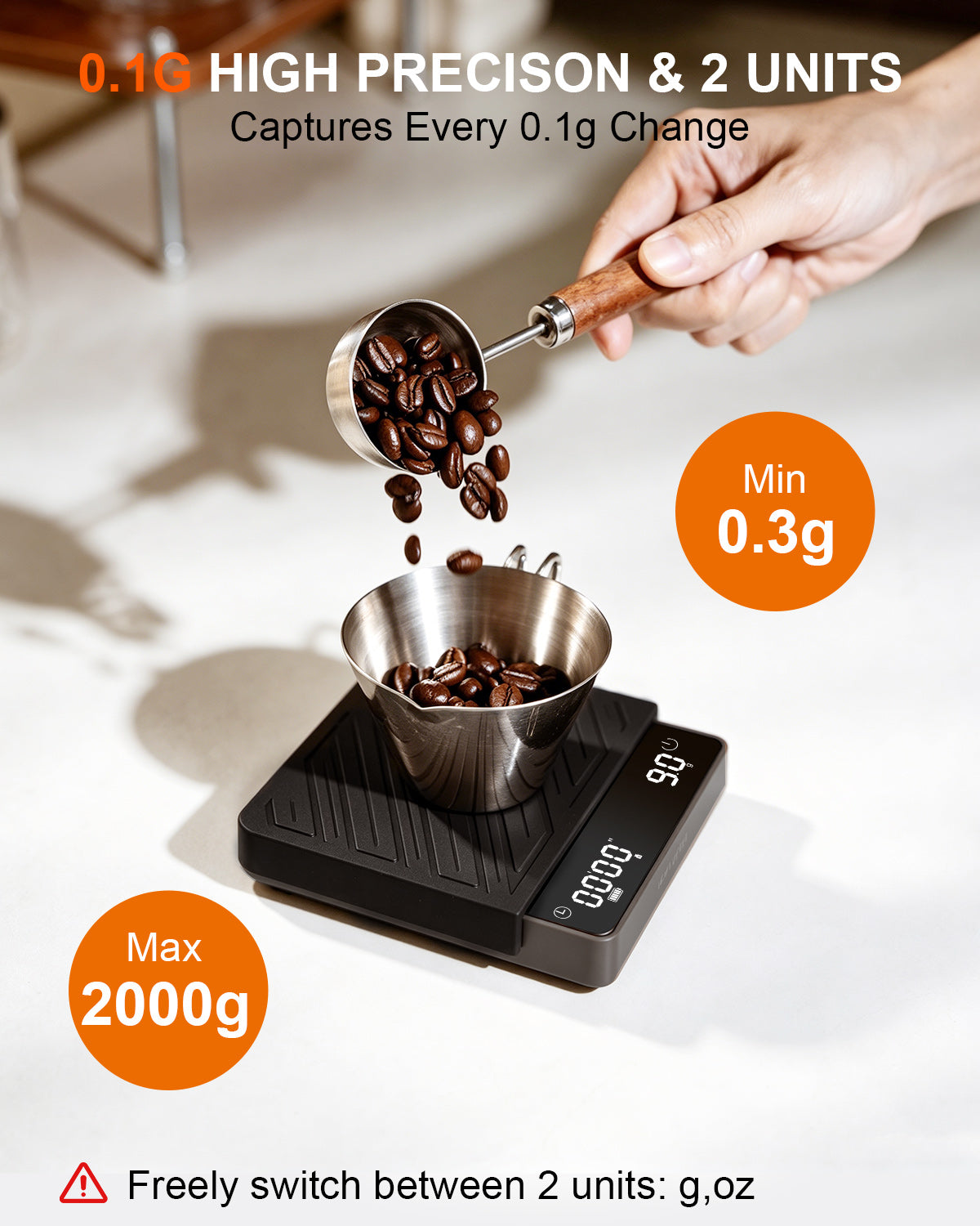 KOFIKOFI Coffee Scale with Timer, 0.1g Precision, 4 Modes, USB-C, 2000g