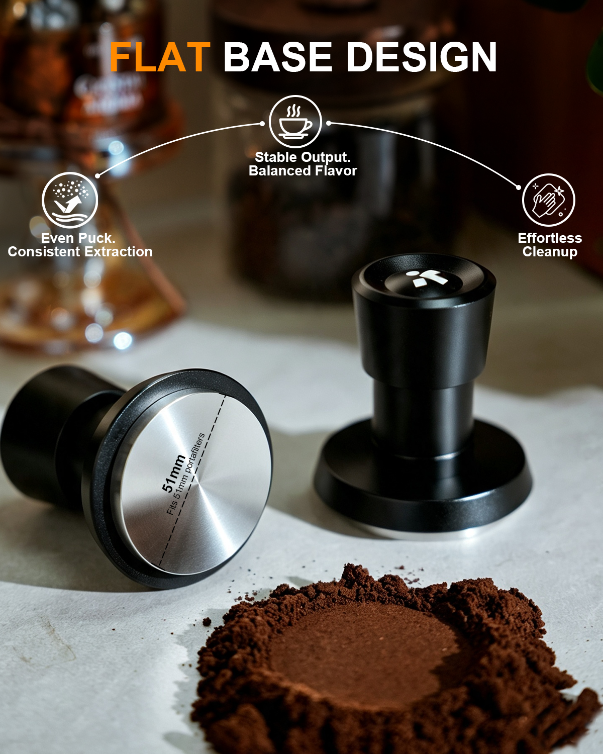 Espresso Tamper, 30lbs Triple Spring Loaded, Aluminum Handle, Flat Base 51/53/58MM