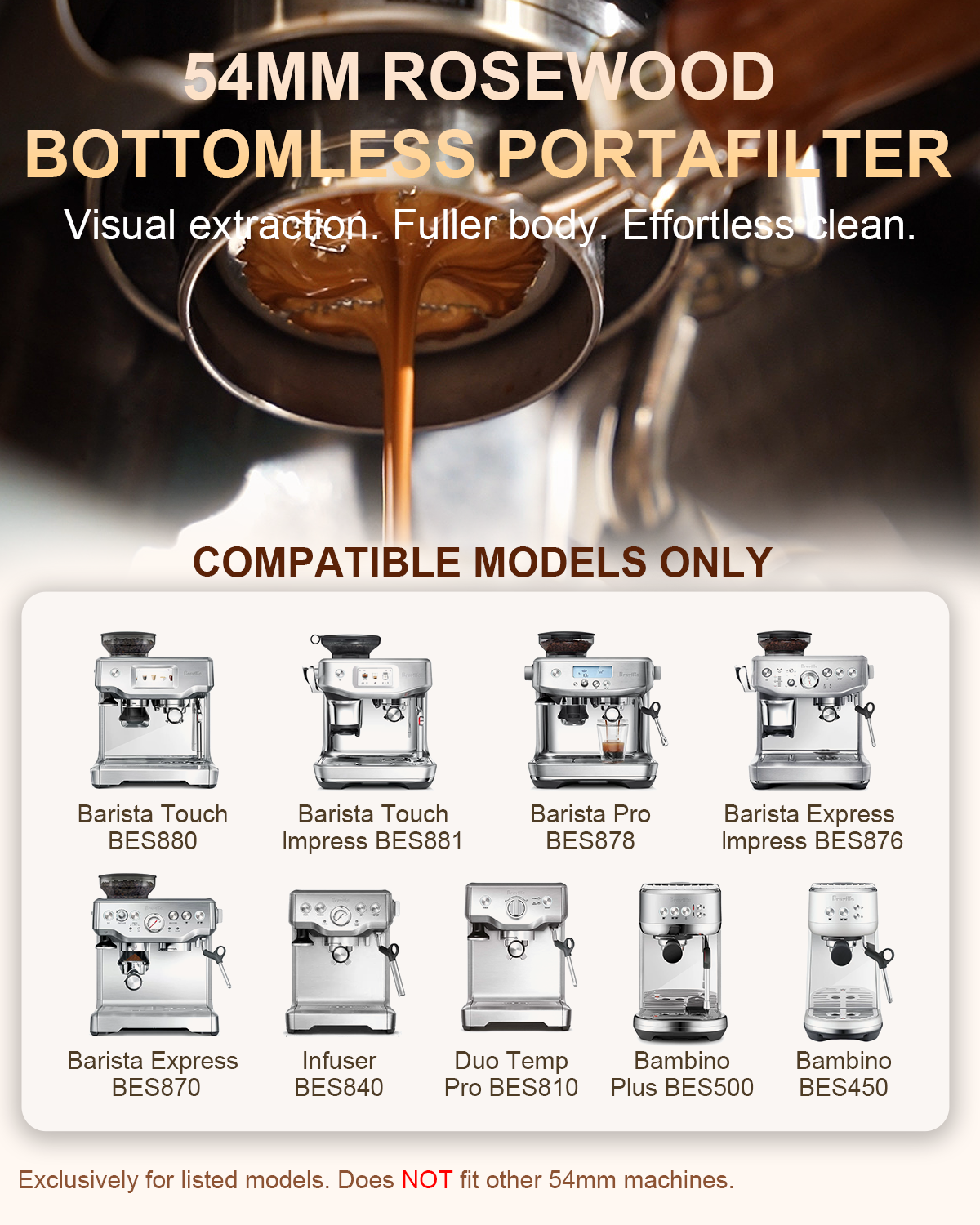 54mm Bottomless Portafilter 3 Ears Rosewood for Breville