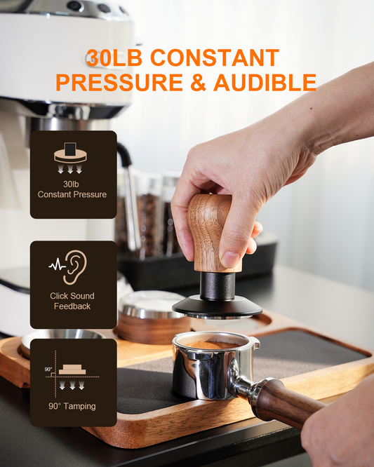 53.3mm Espresso Tamper, 3 Spring Loaded 30lb Pressure Click Walnut Handle