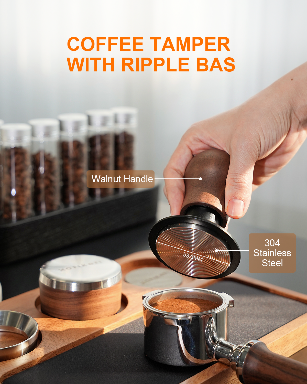 53.3mm Espresso Tamper, 3 Spring Loaded 30lb Pressure Click Walnut Handle