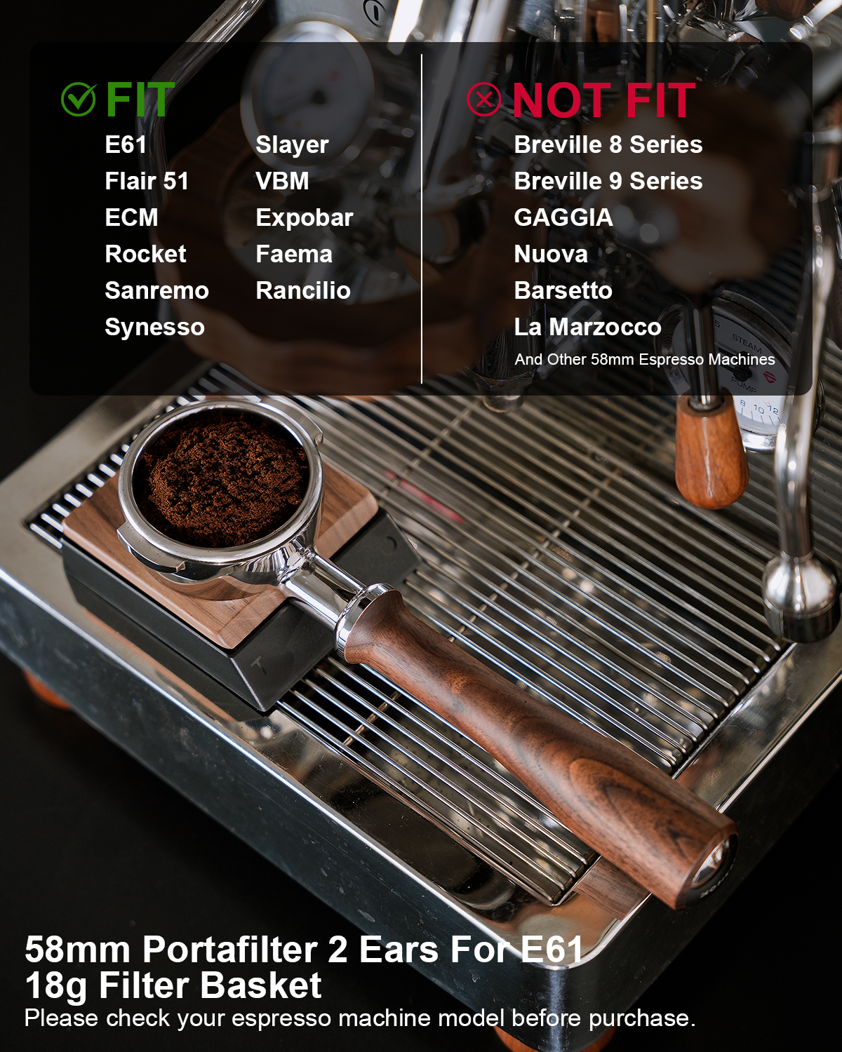 58mm Bottomless Portafilter For E61 Group Head - 2 Ears Walnut