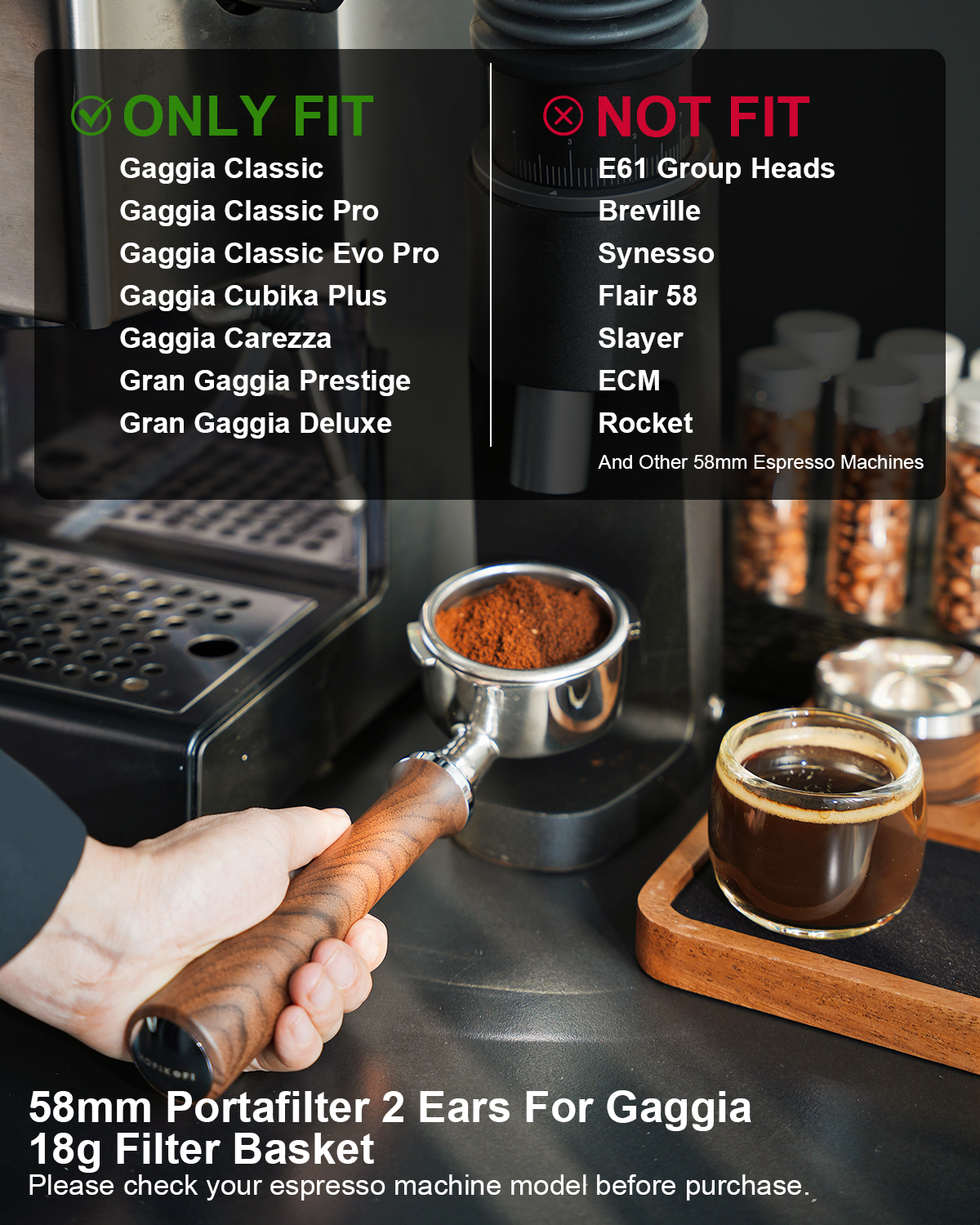 58mm Bottomless Portafilter For Gaggia Classic - 2 Ears Walnut