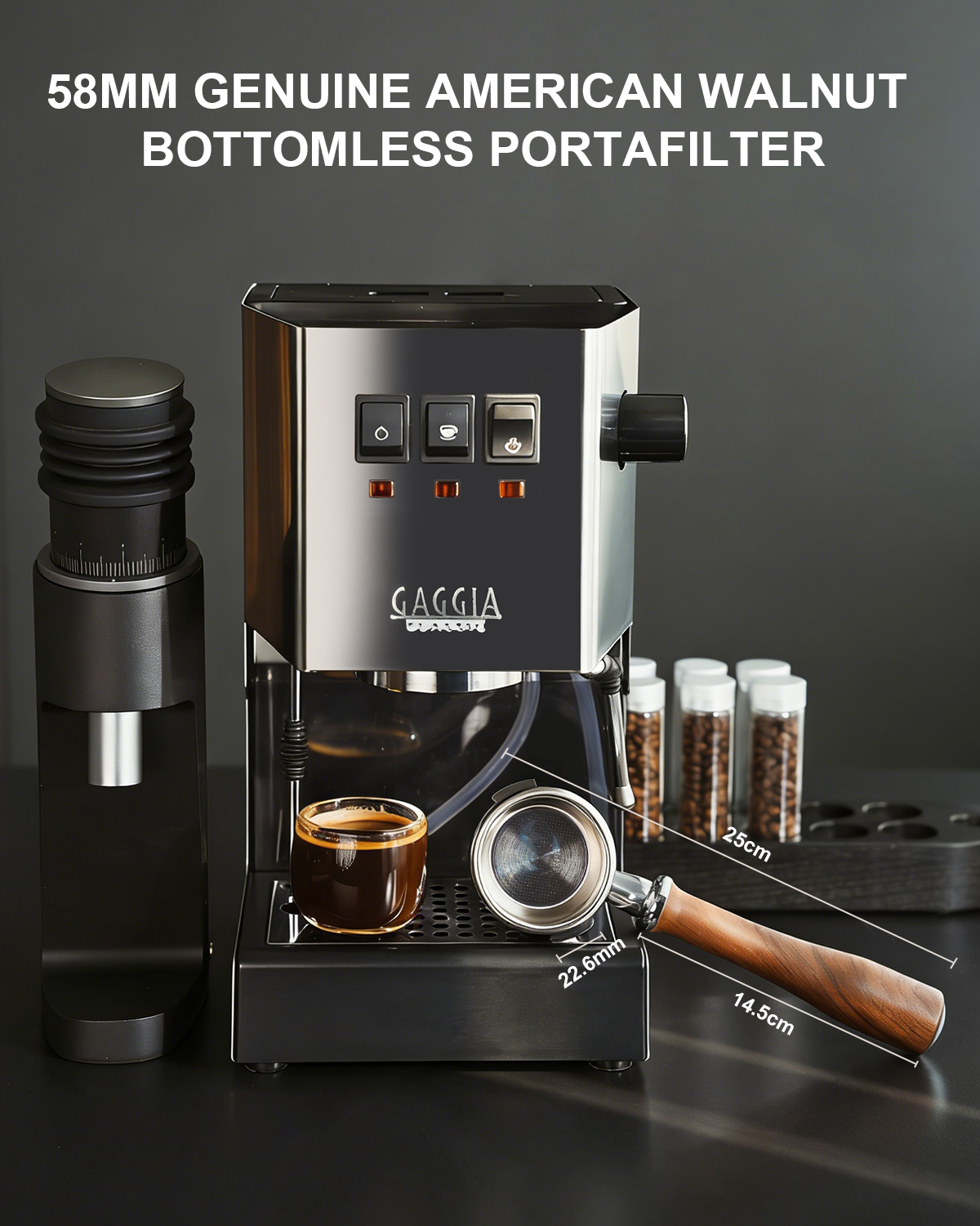 58mm Bottomless Portafilter For Gaggia Classic - 2 Ears Walnut