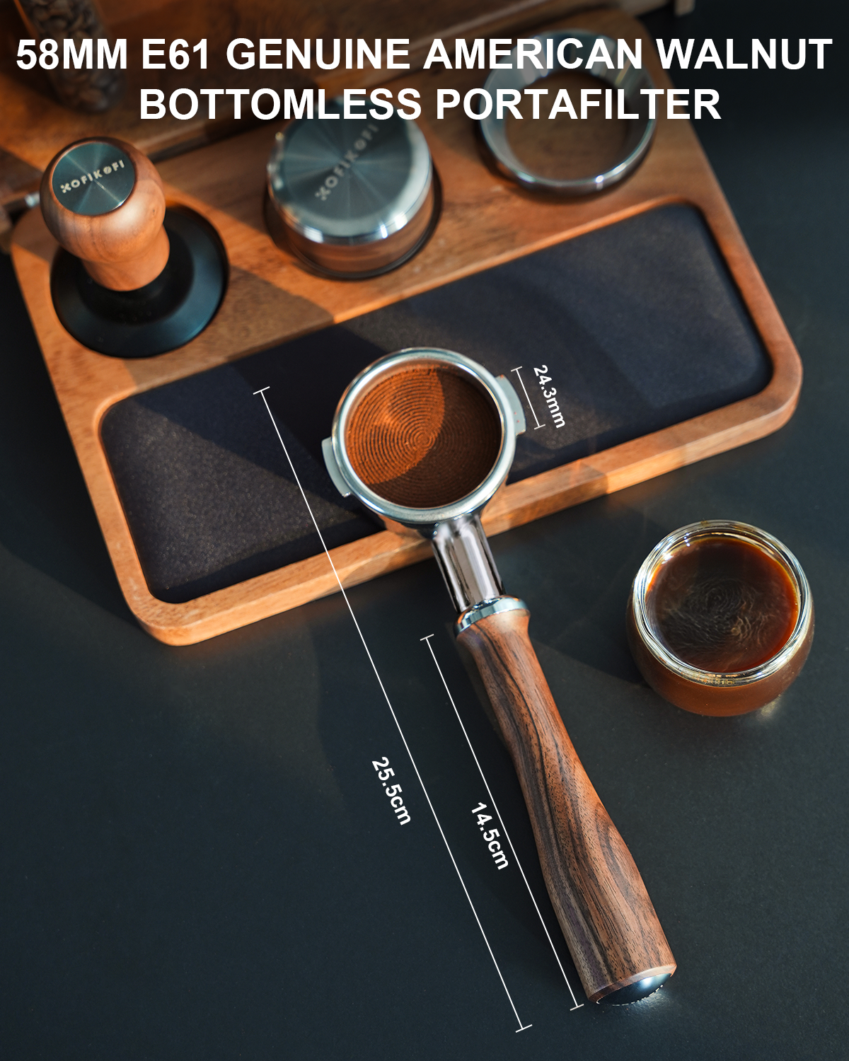 58mm Bottomless Portafilter For E61 Group Head - 2 Ears Walnut