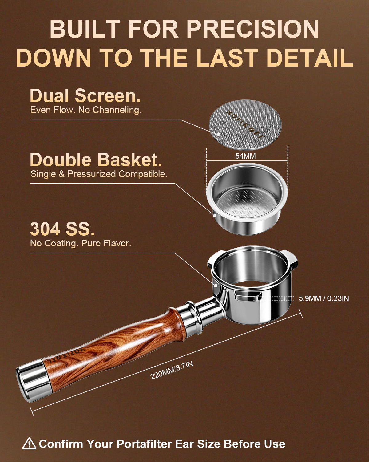 54mm Bottomless Portafilter 3 Ears Rosewood for Breville