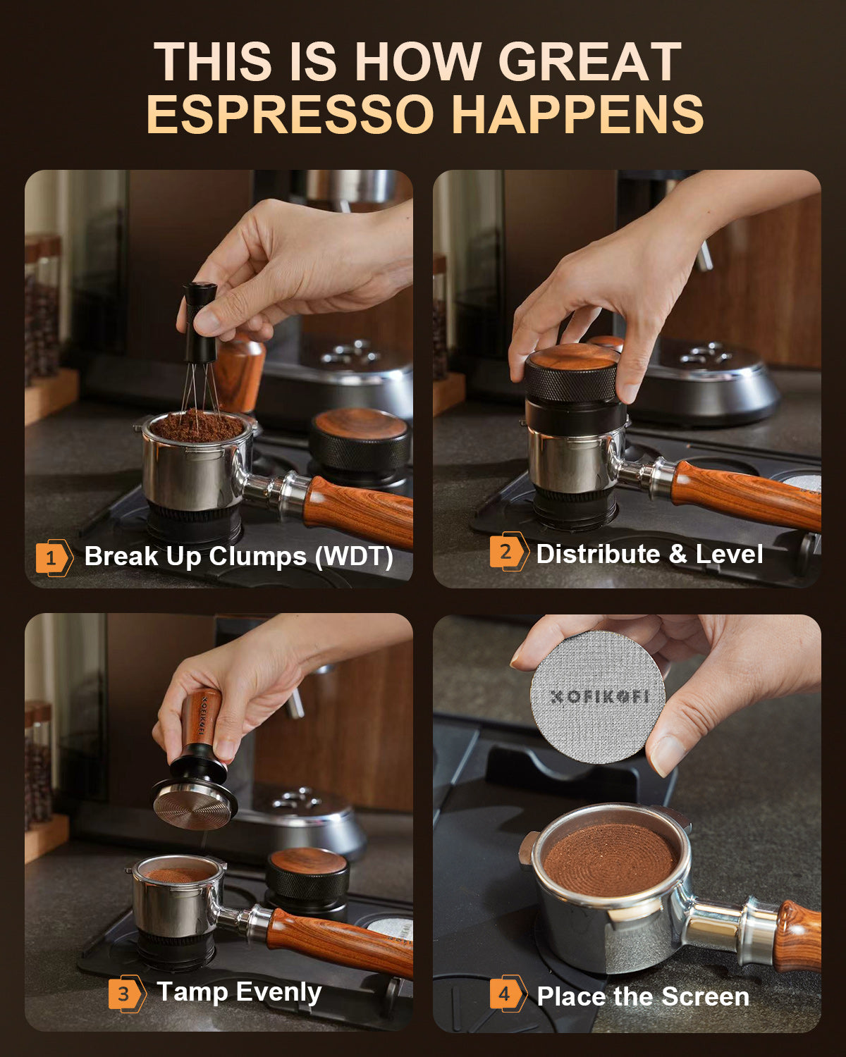 Upgraded 51mm Bottomless Portafilter 3 Ears Rosewood- for Delonghi Dedica