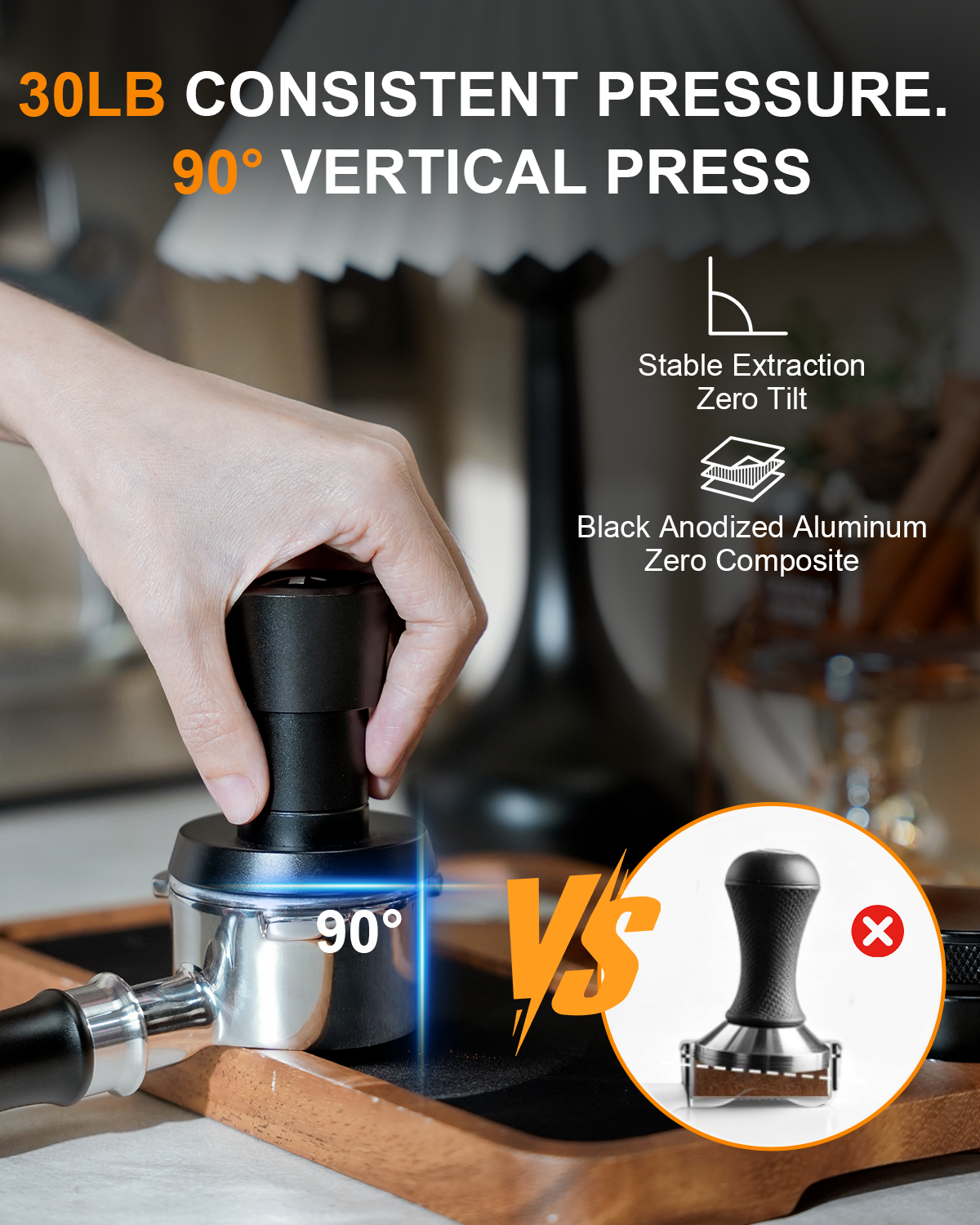 Espresso Tamper, 30lbs Triple Spring Loaded, Aluminum Handle, Flat Base 51/53/58MM