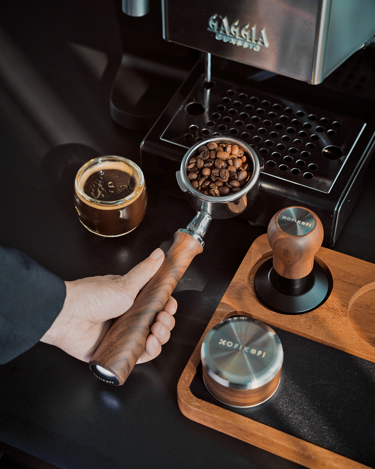 58mm Bottomless Portafilter For Gaggia Classic - 2 Ears Walnut