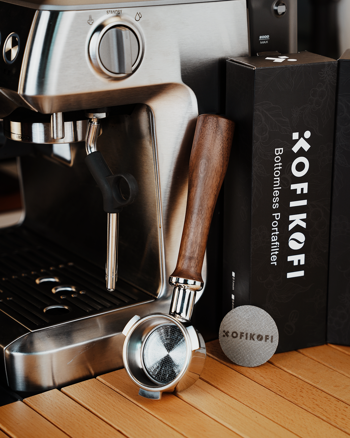 KOFIKOFI 54mm Bottomless Portafilter For Breville - American Walnut