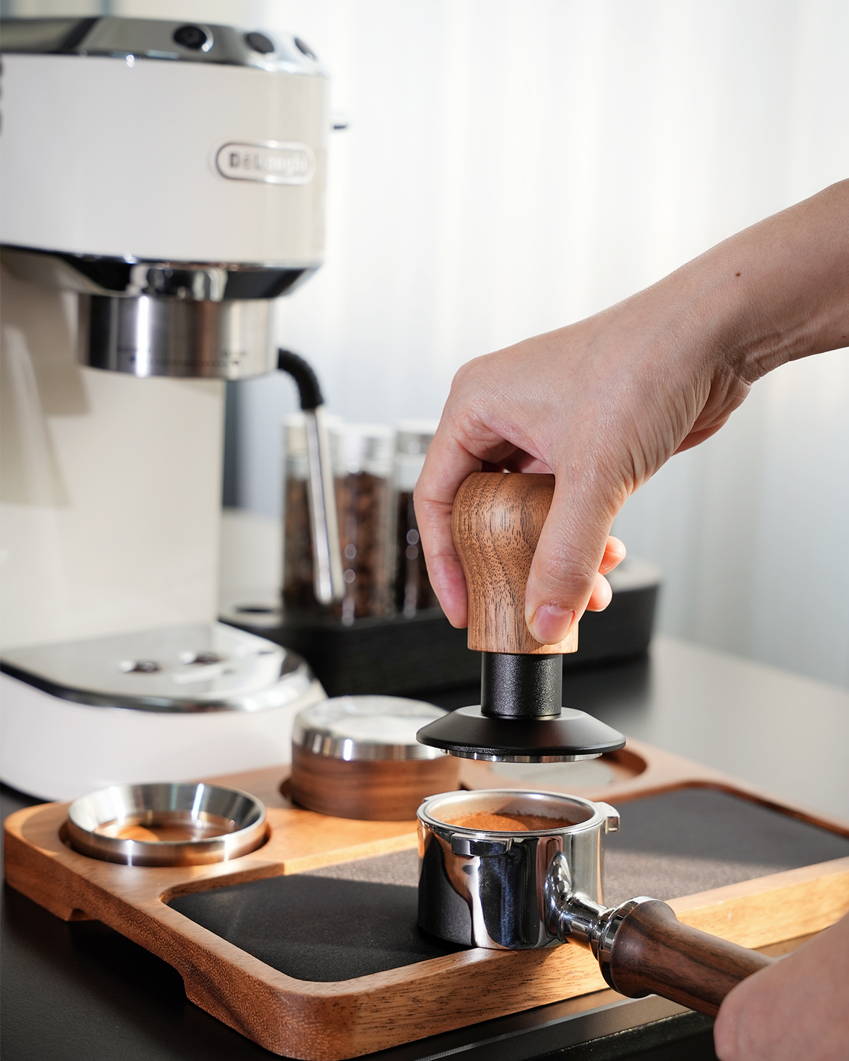 51mm Espresso Tamper, 3 Spring Loaded 30lb Pressure Click Walnut Handle
