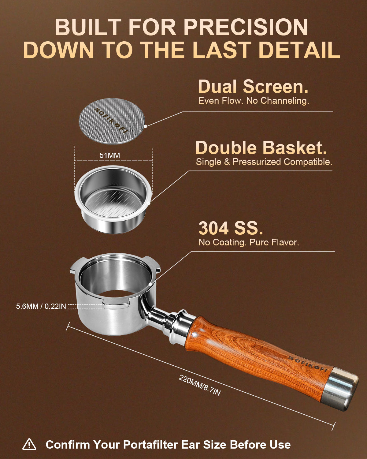 Upgraded 51mm Bottomless Portafilter 3 Ears Rosewood- for Delonghi Dedica