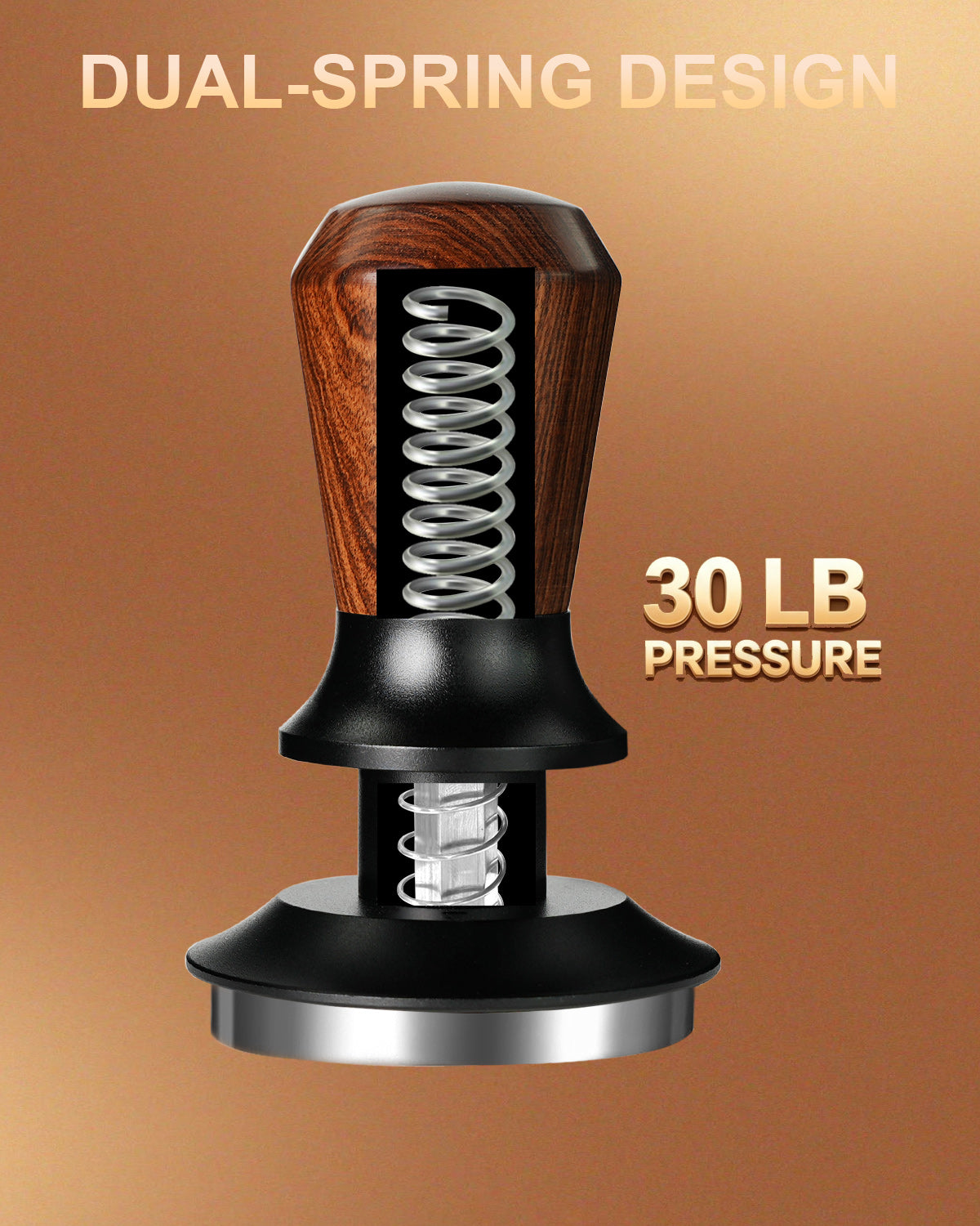Espresso Tamper, 30lbs Spring Loaded, Rosewood Handle, Ripple Base 51/53/58MM